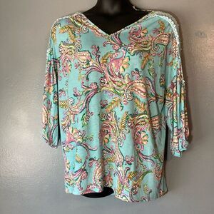 HoneyMe Blue Paisley Crochet Sleeve Blouse